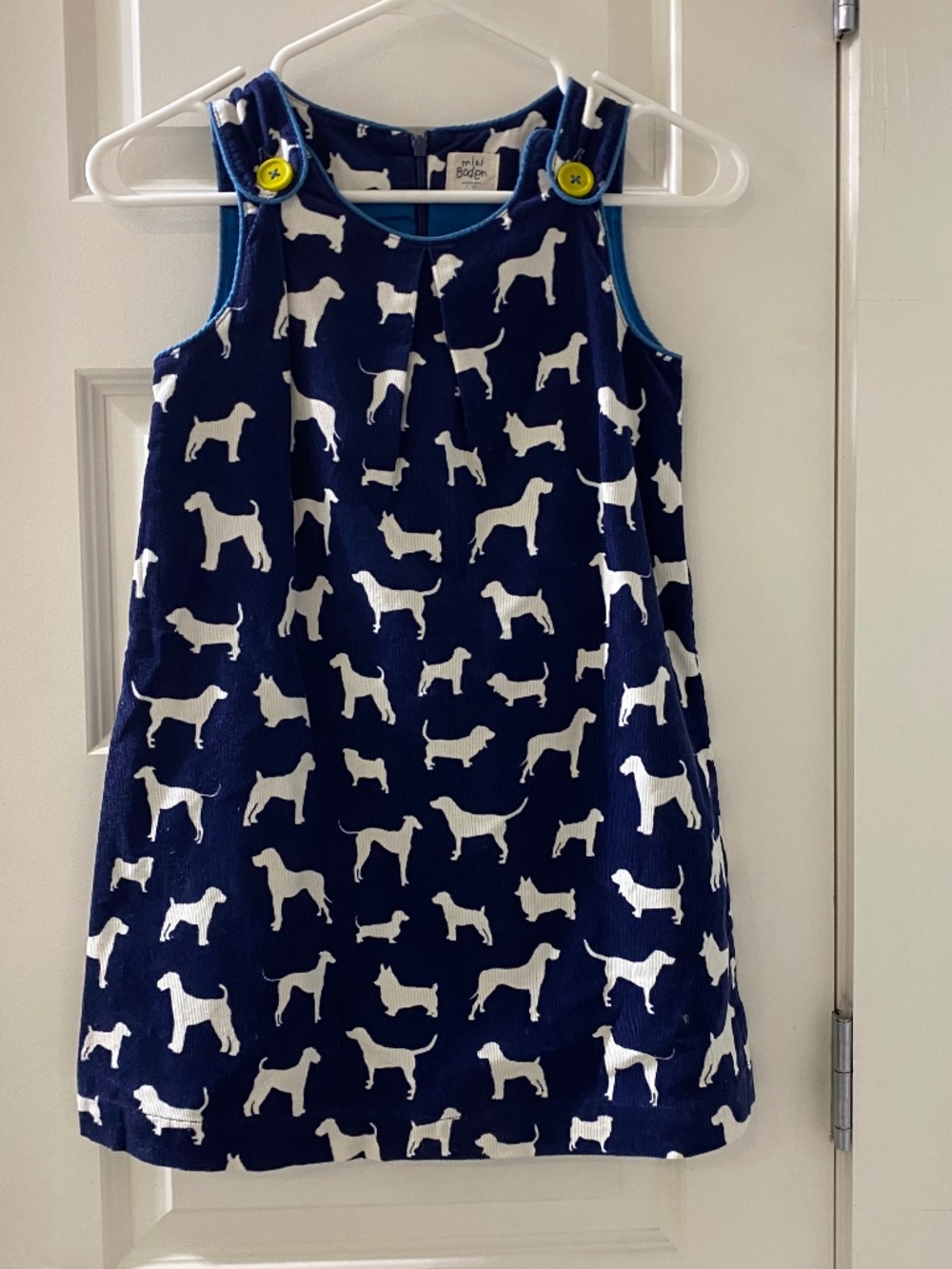 Mini Boden Corduroy Pinafore in Navy and White Dog Print, Size 7/8